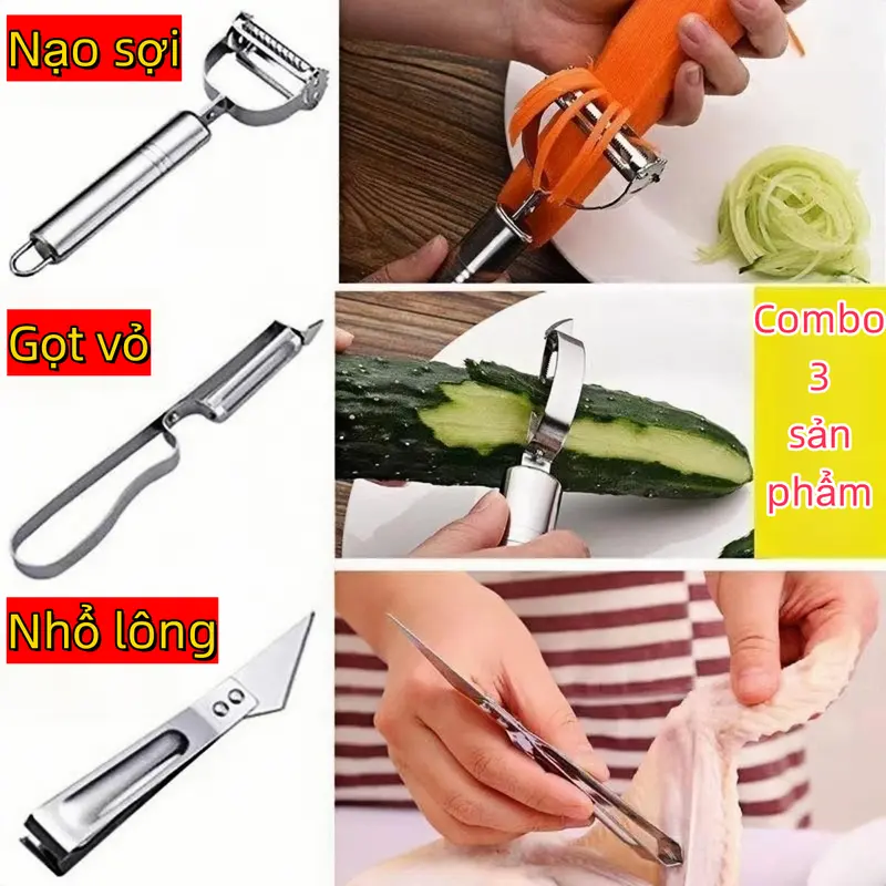 Mua 1 tặng 1 va 2  loại quà Set 3 nạo củ quả inox,1 cây nạo 2 lƯỡi, 1 cây nạo 1 lưỡi, 1 dung cụ nhổ lông làm lòng gà vit 6