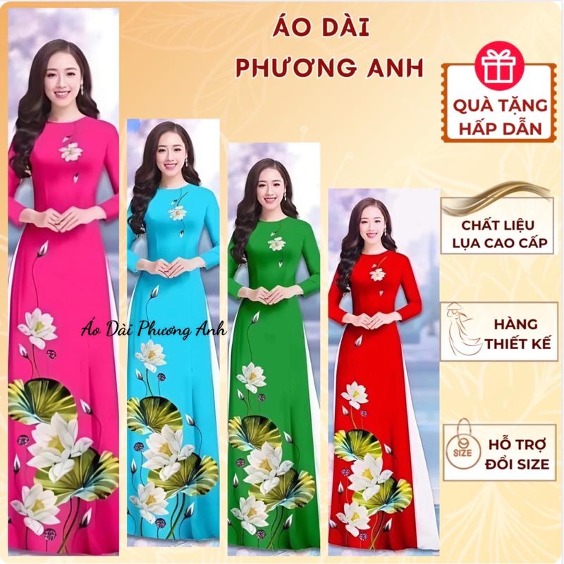 Áo dài lụa in 3D hoạ tiết hoa sen, mềm mịn, co dãn, không nhăn - Áo Dài Phương Anh 0