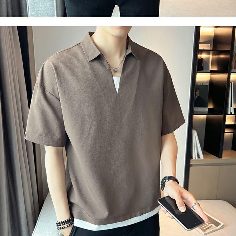 Product Introduction of 2025 Fake Two-Piece V-neck T-shirt Men's Ins Fashion Brand Short Sleeve Polo Shirt Ice Silk Half Sleeve 2023 New Summer Matching Suit 7
