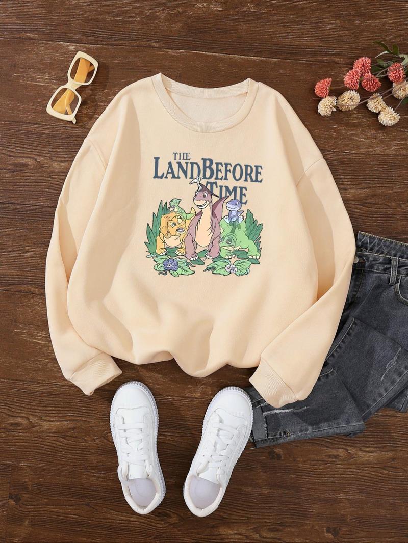 Product Introduction of Women's Cartoon Dinosaur Print Round Neck Sweatshirt, Fashion Casual Crew Neck Long Sleeve Pullover for Daily Wear, Ladies Fall & Winter Clothes 3