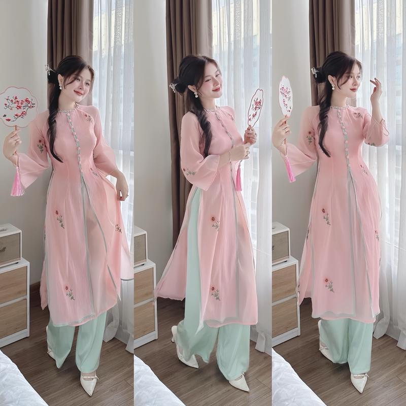 Áo dài cách tân A49 (quần dài 105cm) tơ voan thêu xẻ tà chạy viền đính nút bọc áo dài Tết 2025 màu hồng sang trọng dễ thương phù hợp mọi lứa tuổi - Akara Closet dress voi kem Nữ Women áo dài