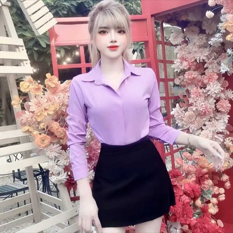 áo sơ mi nữ tay dài kiểu công sở nẹp giấu nút chất vải lụa cát hàn 6