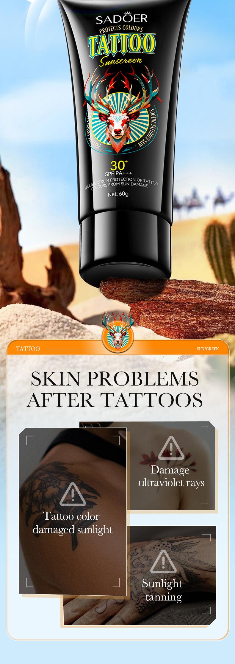 Product Introduction of 60g Tattoo Protects Colors Sunscreen SPF30+ PA+++ Protecting Tattoo Skins Full Spectrum Protection Soothing Moisturize Ultraviolet-Proof  Waterproof Body Care 2