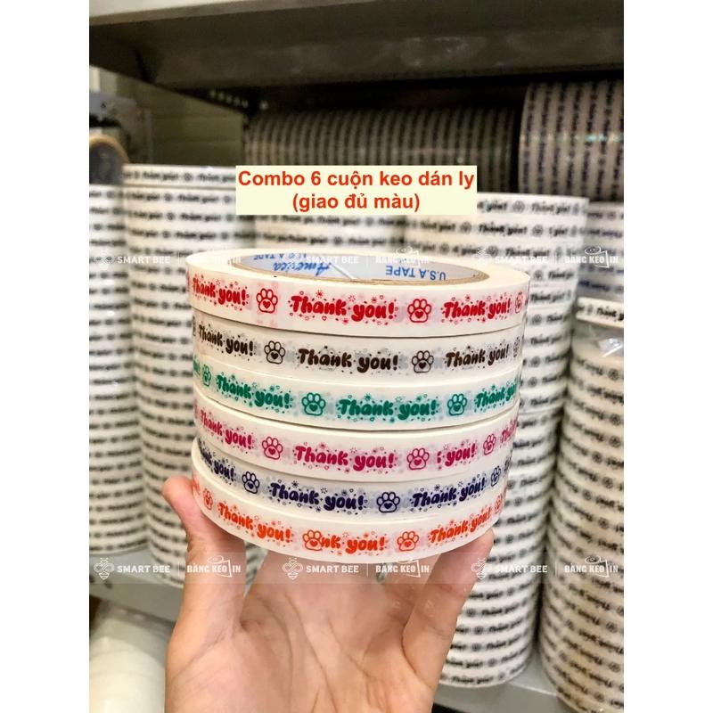 Combo 6 cuộn băng keo THANK YOU 12mm dán ly, dán hộp ĐỦ MÀU
