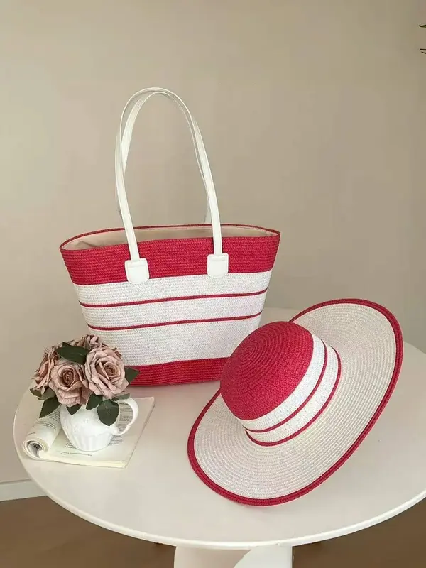 Women's Fashionable Bohemian Straw Bag & Wide Brim Hat, Casual Versatile Sun Hat & Large Capacity Bag Set, Retro Simple and Versatile, Suitable for Daily Travel, Summer Beach Vacation, Versatile Shoulder Bags 4
