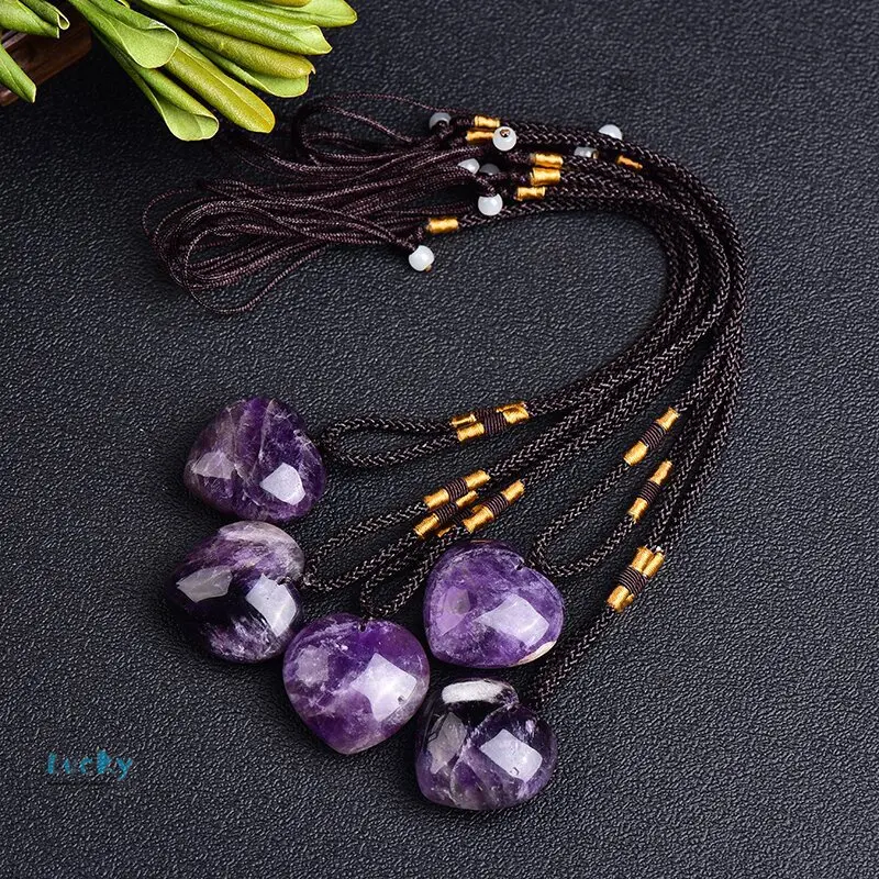 Mặt Dây Chuyền Thạch Anh Tím Tự Nhiên Hình Trái Tim, Đồ Trang Trí, Mặt Dây Chuyền Pha Lê, Trái Tim Đào, Đồ Thủ Công, Vòng Cổ Thạch Anh Tím