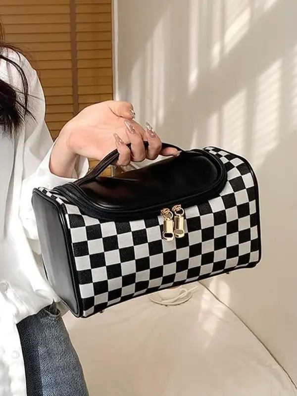 Women's Fashionable Plaid Pattern Handbag, Large Capacity Cosmetic Bag, Portable Toiletry Bag, Casual Trendy Versatile High-quality Daily Commuting Bag 4