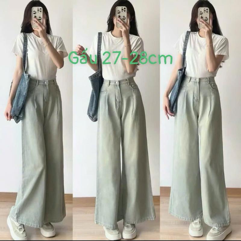 Quần jean bò xếp ly ống suông rộng nữ 1m47-1m57 quần 94-95cm, 1m57-1m65 quần 98-100cm, jeans cạp cao phong cách style 6