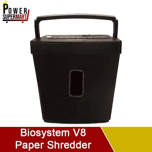 Biosystem V8 Shredder. Cross Cut. Shreds Credit Cards. 8 Sheets Capacity. Automatic Start & Stop Function. Safety Mark.