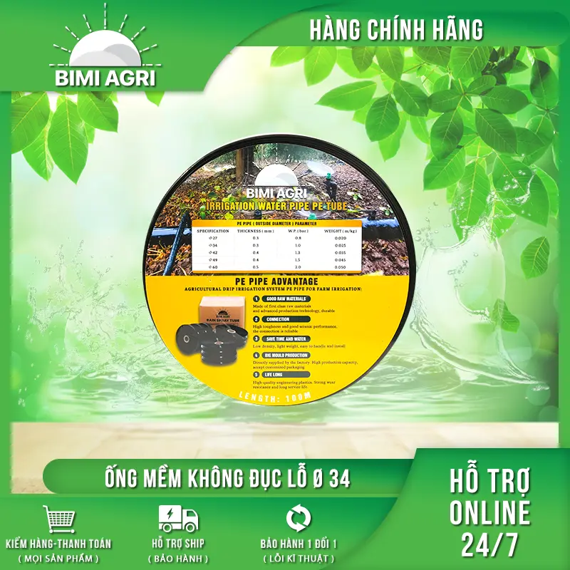 Ống không đục lỗ phi 34 cuộn 100m chính hãng BIMI AGRI gắn béc 4
