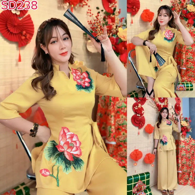 SET LAM HOA SEN THÊU CÓ DÂY CỘT (SD238) Set đồ lam đi chùa, bộ bà ba đi lễ chùa đầu năm 2