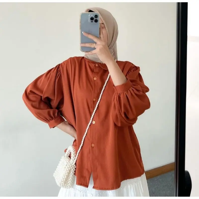 Elze Blouse Crinkle airflow / Kemeja Atasan Bahan Crinkle Lengan Balon Full Kancing / Kemeja Kekinian Terbaru