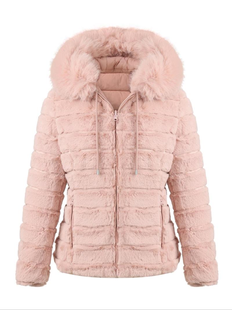 Product Introduction of Women's Solid Color Contrast Faux Fur Reversible Hooded Jacket, Casual Warm Long Sleeve Drawstring Quilted Coat for Fall & Winter, Women's Clothing for Daily Wear 4