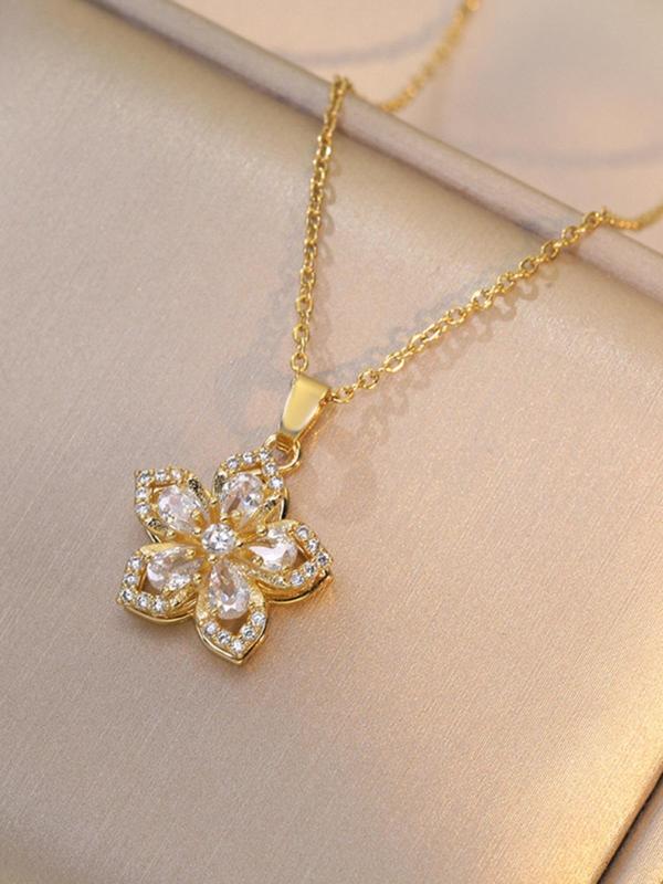 Rotatable Flower Design Pendant Necklace for Women, Rhinestone Decor Necklace for Party, Daily Clothing Decor, Trendy & Exquisite Jewelry for Holiday Parties 5