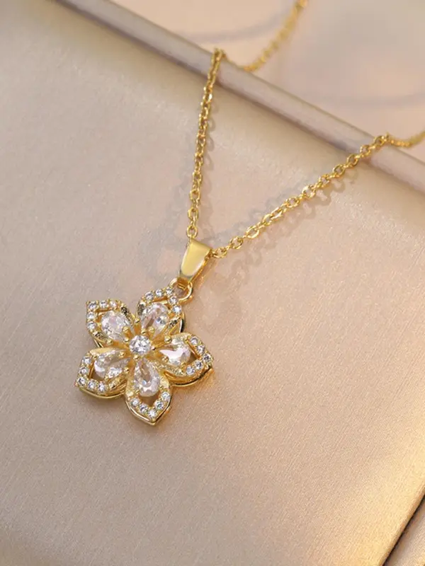 Rotatable Flower Design Pendant Necklace for Women, Rhinestone Decor Necklace for Party, Daily Clothing Decor, Trendy & Exquisite Jewelry for Holiday Parties 5