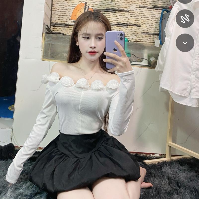 Set Váy Bí Phồng Mix áo Trễ Vai Nhiều Hoa 0