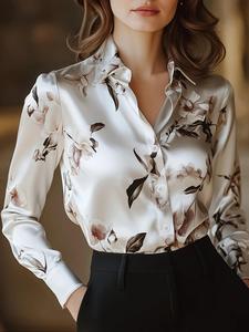 Blusa de satín con estampado floral para mujer, elegante con manga larga y cierre de botones, ideal para trabajo y oficina, ropa de damas para todas las estaciones, camisas