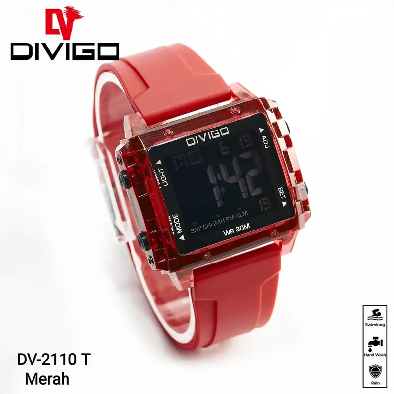 Jam Tangan Wanita DIVIGO DV-2110 Transparan Original Digital Kotak Strab Rubber Tahan Air Digital Besi Stainless 8