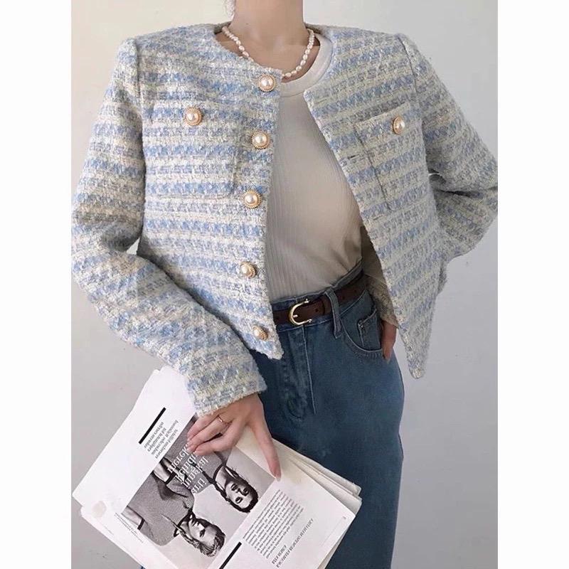 Áo khoác dạ Tweed xanh ngọc From dáng chuẩn Hàng Quảng Châu Cao Cấp 2 lớp dày dặn sang chảnh cho nữ TD013 Jacket
