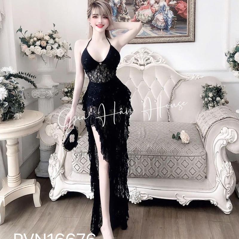  16676 -ĐẦM REN XUYÊN THẤU NẠM CƯỜM  KÈM QUẦN SORT  -Freesize Nữ  dưới 52kg-eo dưới70cm - 3 màu- ren + cườm Women Dress Đen 