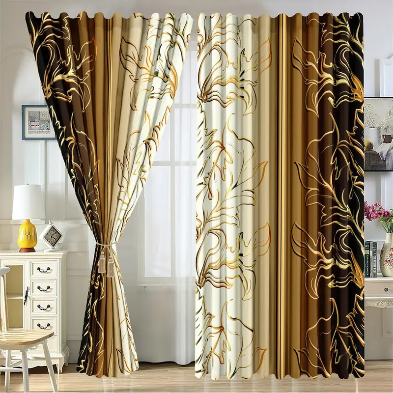 Leaf Print Curtain, 2 Counts/set Classic Style Window Drapes, Home Decoration for Living Room Bedroom Study Room, Home Decor 2