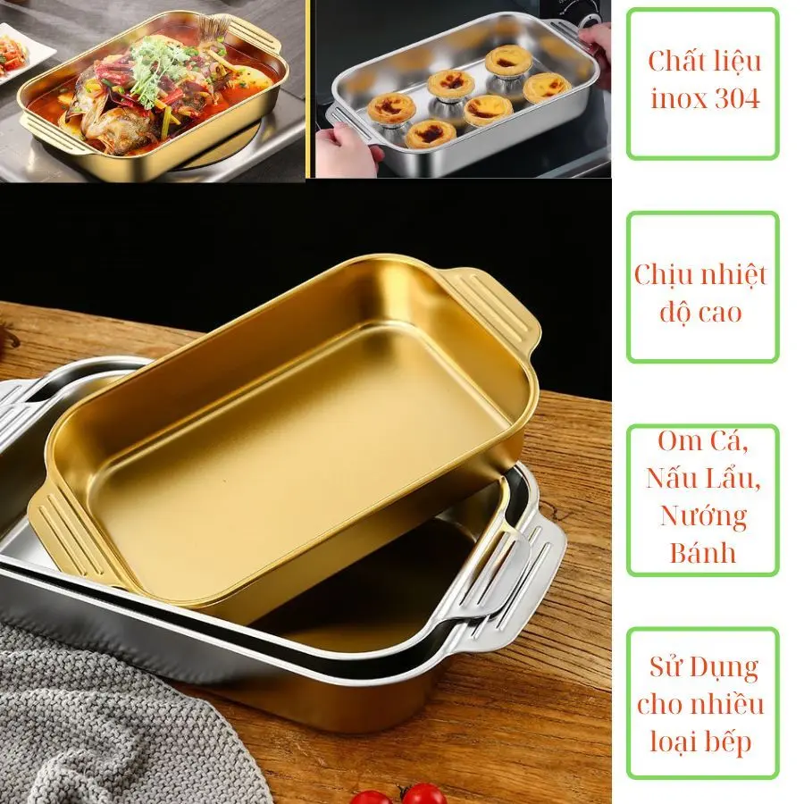 Khay Inox 304, Đựng Thức Ăn,Đa Năng Om Cá, Nấu Lẩu, Nướng Bánh, Trộn Salad Sang Trọng