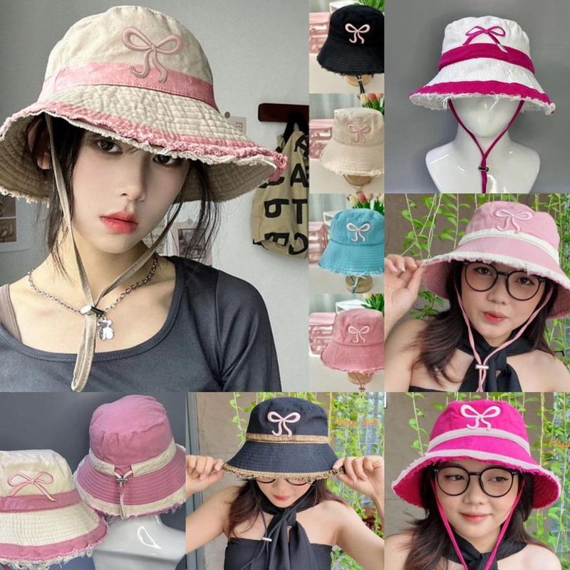 Mũ Bucket Tua Rua Thêu Nơ Nón Tai Bèo Vành Rộng Chống Nắng Kèm Dây Nam Nữ nhiều màu mã 02