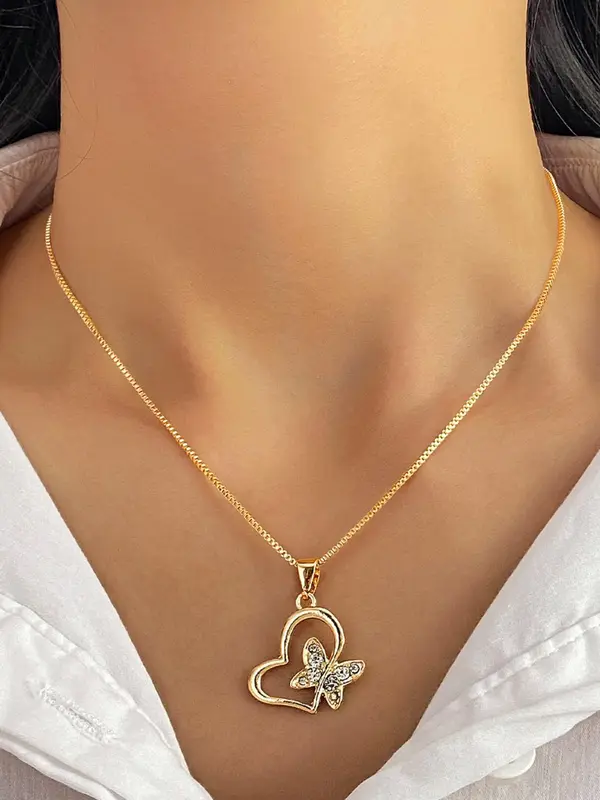 Women's Elegant Heart & Butterfly Design Pendant Necklace, Exquisite Trendy Pendant Necklace, Chic Jewelry As Gift for Girlfriend 0