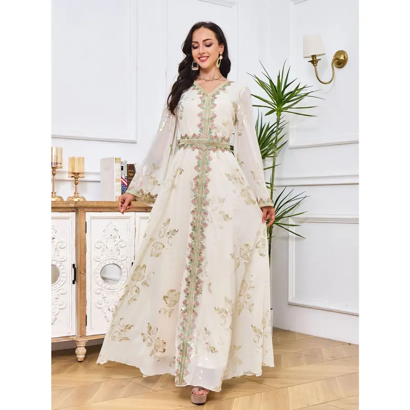 Muslim Robe Women's New Bronzing Embroidery Lace Modern White Dress 4