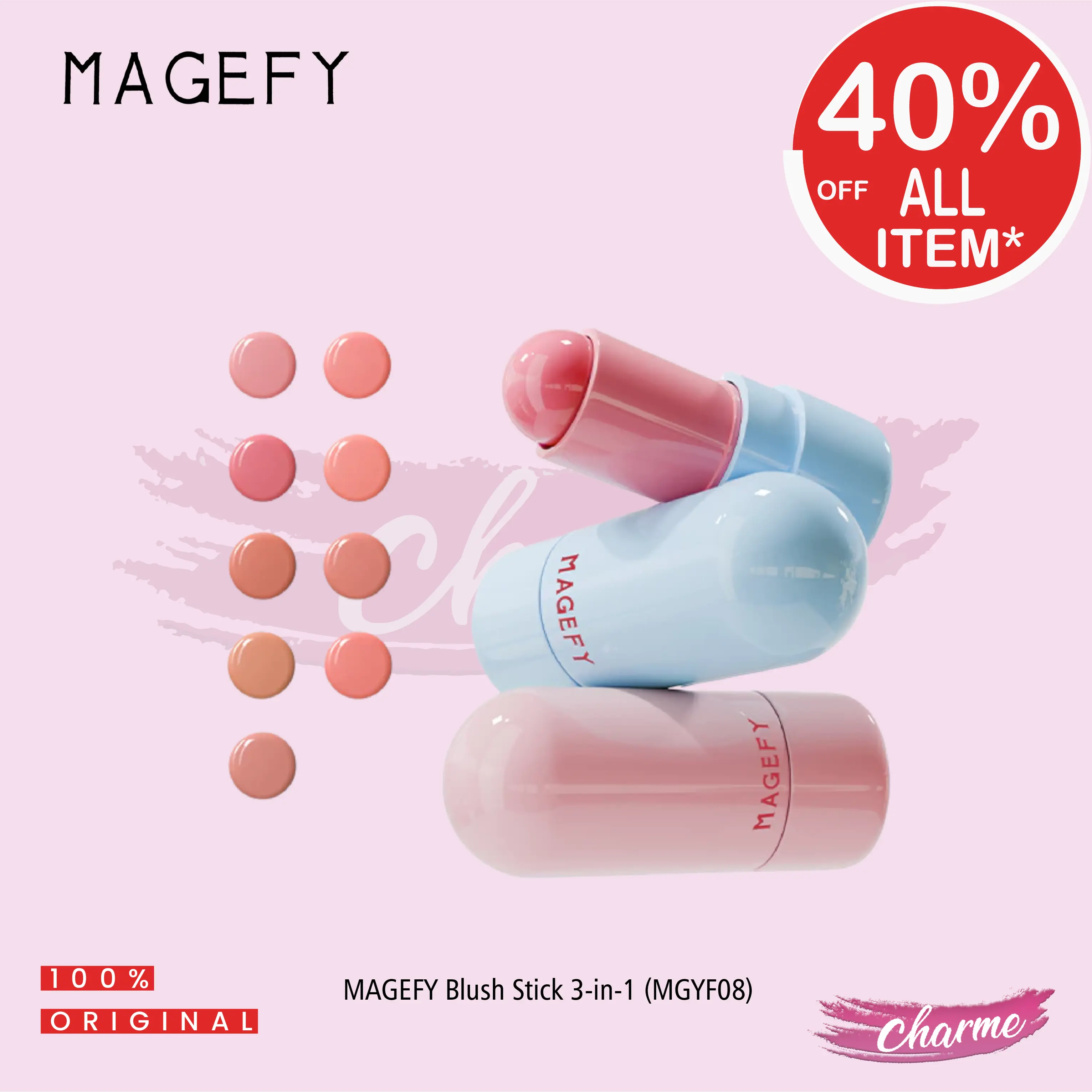 (READY&ORI) Magefy Melt in Skin Blush Stick 3-in-1 Pipi, Bibir & Mata Pigmented Matte Lightweight (MGYF08)