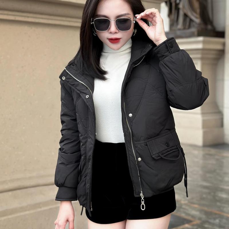 Áo phao nữ chần bông thiết kế dây rút không cổ 3 màu Đen, Đỏ, Nâu đủ size 45kg - 65kg, Áo khoác nữ mùa đông ấm áp form ôm bo gấu 4