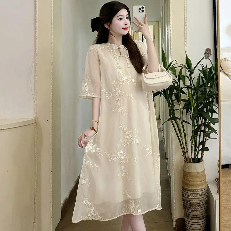 Váy Bà Bầu Mùa Hè, Phong Cách Trung Quốc Mới, Thêu Máy, Cải Tiến, Trên Đầu Gối, Nhẹ, Thoáng Khí Và Rộng Rãi, Cho Phụ Nữ Mang Thai Váy Bầu Đầm Bầu 3