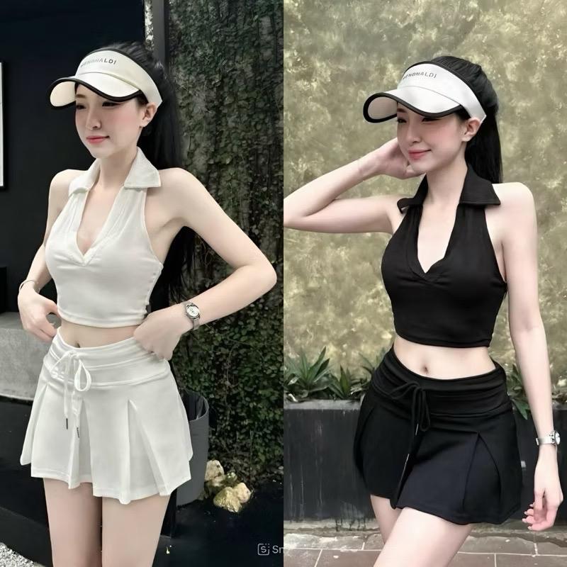  Set bộ áo yếm cổ bẻ chân váy xếp li thể thao tennis 