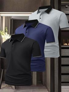 Men's Solid Color Contrast Trim Polo Shirt, Regular Fit Casual Short Sleeve Collared Top for Summer, Men's Clothes for Daily Wear
