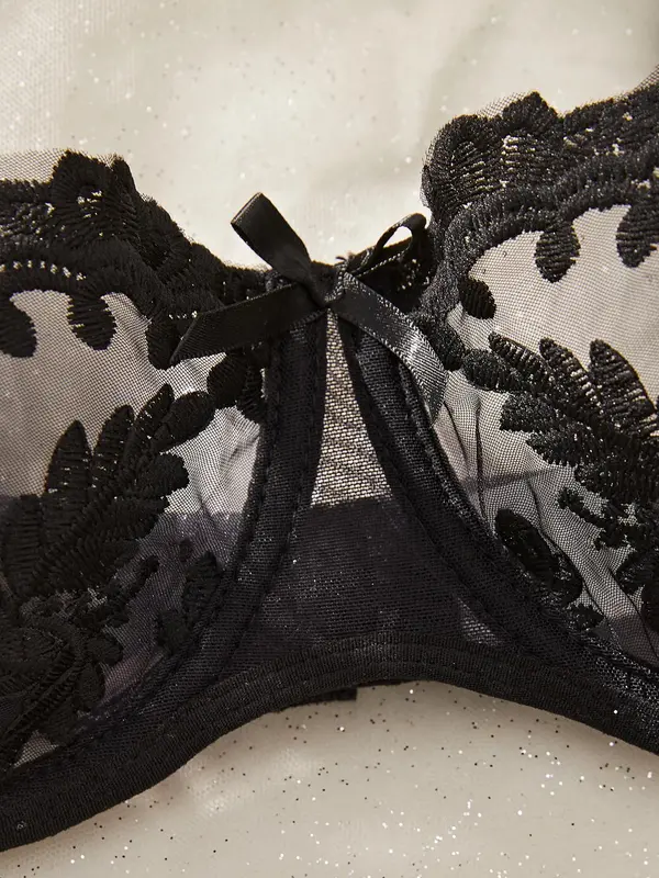 Women's Leaf Embroidery Mesh Sexy Lingerie Set, Push Up Bra & Thong Set, Soft Comfy Breathable Lingerie Set for Women 4
