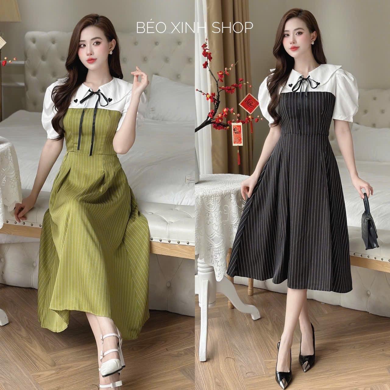 Váy Dự Tiệc Phối Lụa Vải Lụa Chéo Sọc 40 - 95Kg Thời Trang Nữ Béo Xinh Shop - A.1399