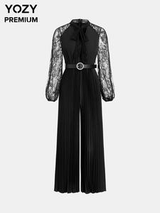 YOZY Women's Contrast Lace Sheer Bishop Sleeve Pleated Jumpsuit, Elegant Mock Neck Long Sleeve Jumpsuit for Spring & Fall, Women's Clothes for Daily Wear