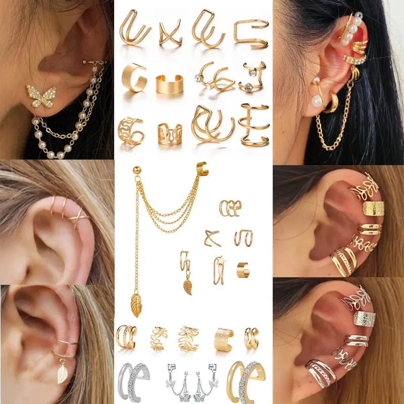 Gold Color Leaves Ear Cuff Black Non-Piercing Ear Clip Earrings for Women Men Fake Cartilage Earring Cuff Jewelry Wholesale