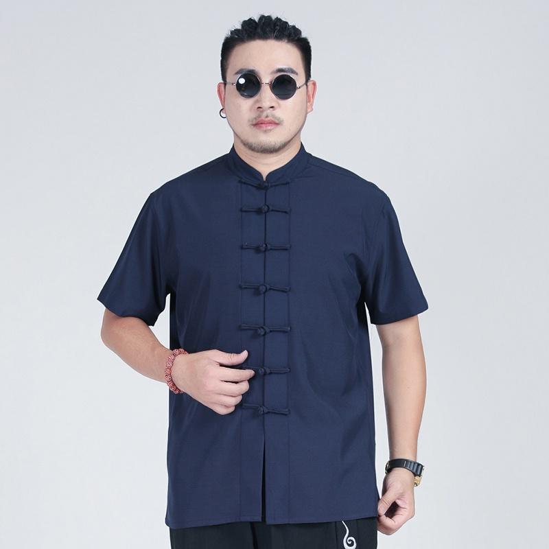 [3xl-10xl] Men Oversized Oversized Plain Mandarin Collar Short Sleeve Knot Buttons Black White Red Shirts 7