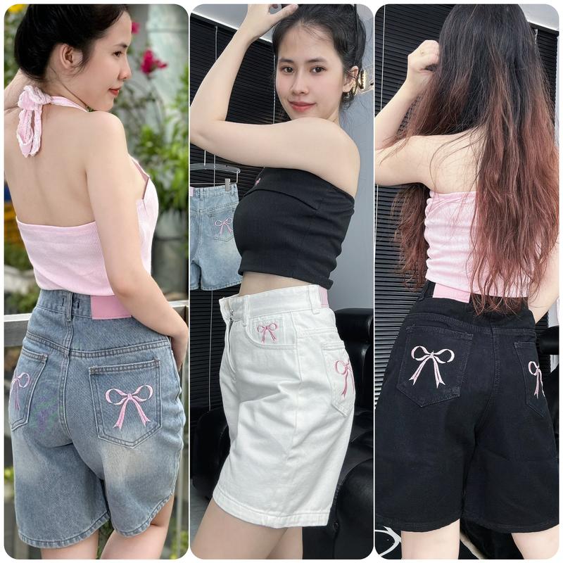 Quần Ngố Jean Nữ Lưng Cao Thêu Nơ Hồng Vải Mịn