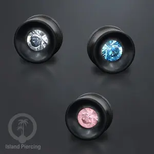 Plug Asli Kayu Arang yang hitam dengan pilihan kristal Ziconia yang warna-warni