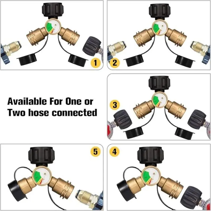 Propane Tank Splitter with Gauge & Shut Off Valve, 2 Way Propane Splitter Adapter, Propane Hose Splitter Manifold for Camping Stoves, Heater, BBQ Grill, Gas Burner 7