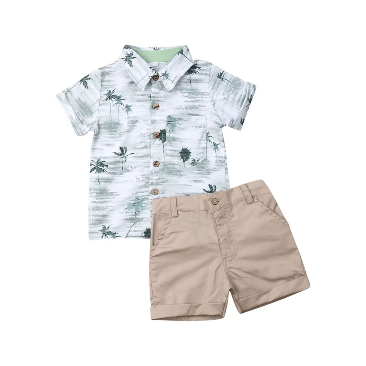Toddler Kids Boys Summer Outfit Sets 1 2 3 4 5 6 Years Short Sleeve Coconut Tree Printed Button Down T-Shirt + Khaki Pocket Button Shorts Clothing