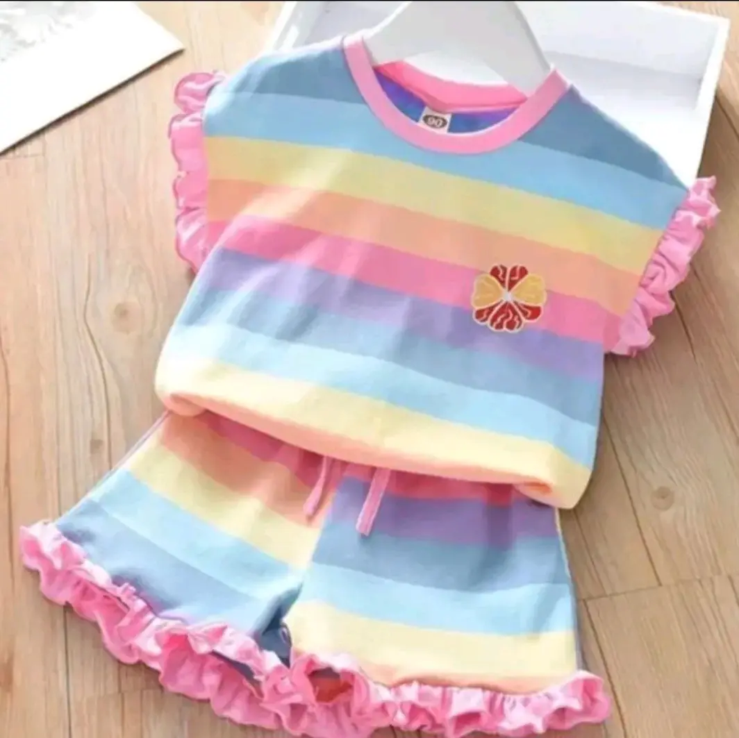 SETELAN BAJU DRES ANAK PEREMPUAN// BAJU REMPEL ANAK MOTIF RAINBOW USIA 1-5 TAHUN