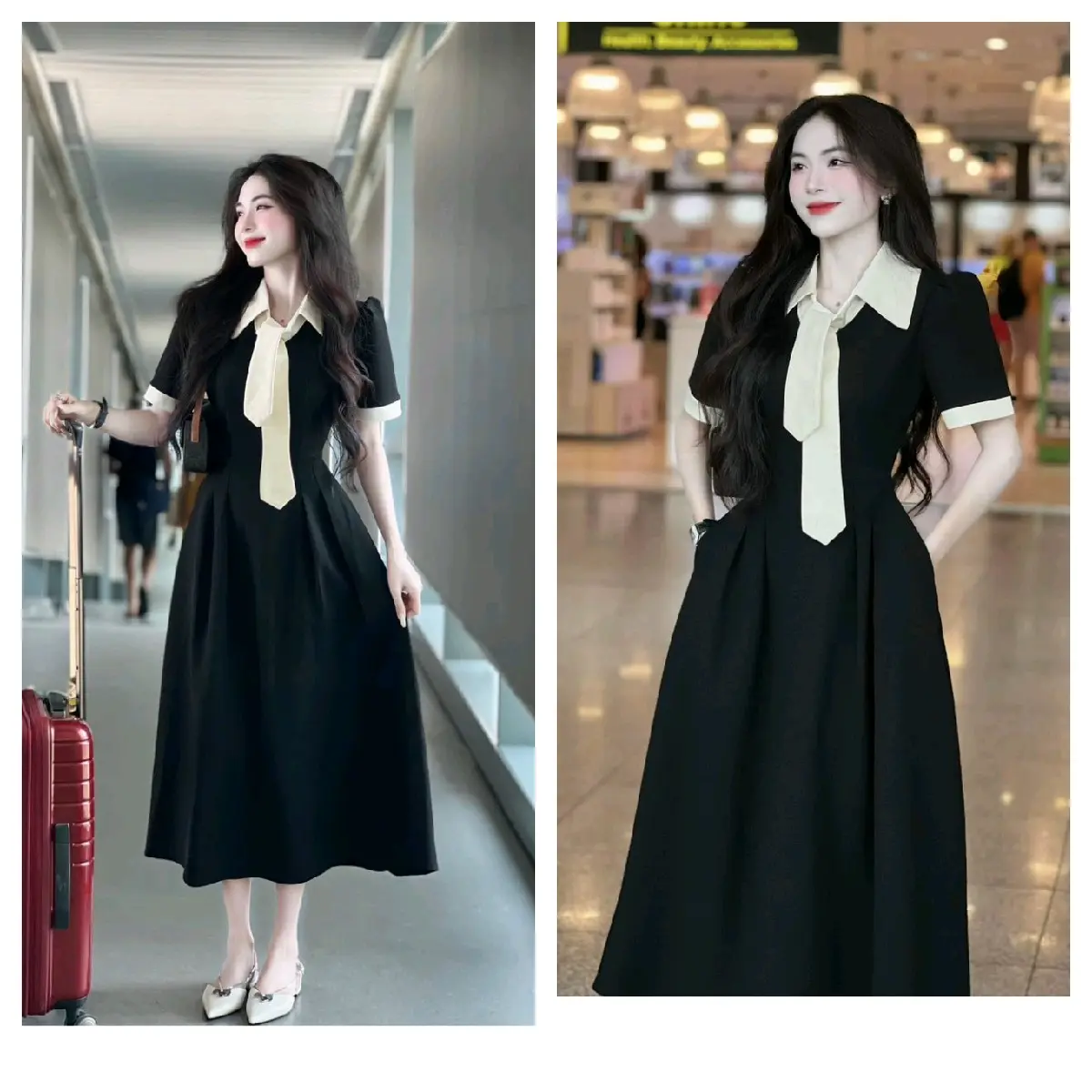 Đầm thời trang nữ kiểu tiểu thư mặc đi chơi chất tapta cotton lạnh phối nơ cổ tay ngắn váy dài xòe qua gối qc
