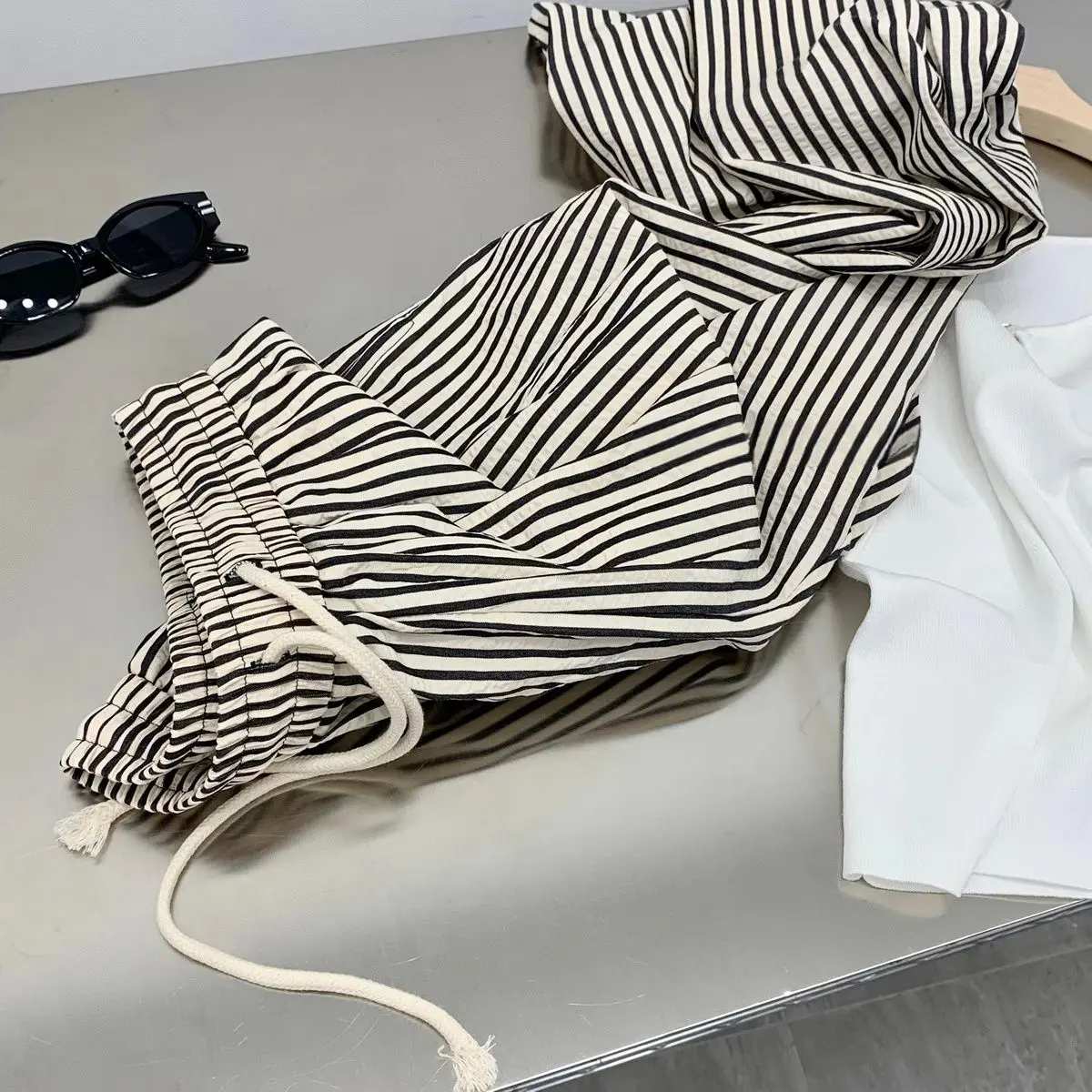 Ice Silk Yamamoto Striped Casual Wide-Leg Pants for Women 2025 New Anti-Mosquito Sunscreen Summer Design Sense Straight Long Pants