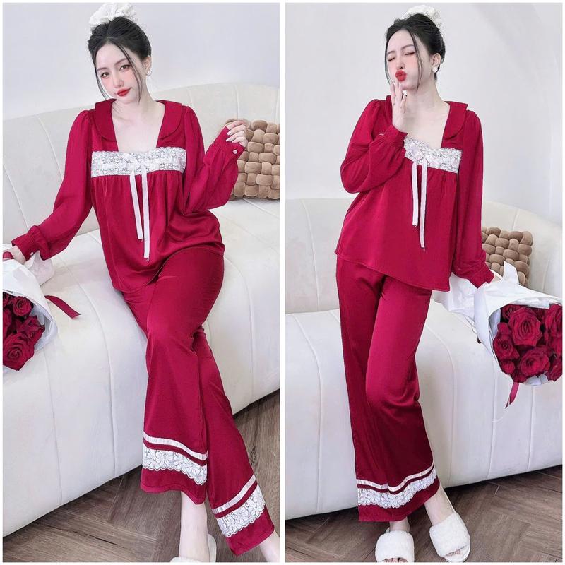 Đồ bộ ngủ pijama áo tay voan cổ vuông quần dài dành cho nữ họa tiết trơn chất liệu lụa latin mềm mịn Women 6