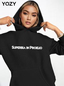 YOZY Women's Letter Print Kangaroo Pocket Hoodie, Casual Long Sleeve Hooded Sweatshirt for Fall & Winter, Women's Clothes for Daily Wear