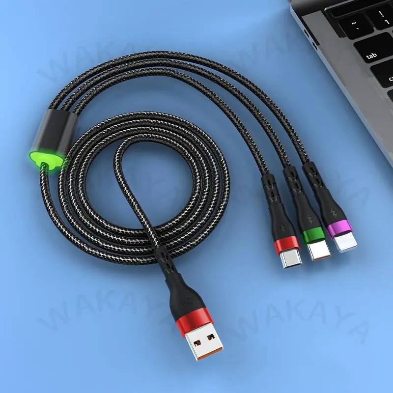 （PP-Centre）  3 in1 siêu nhanh Cáp sạc 6A với đèn báo nylon bện dòng dữ liệu cáp USB để IOS Android Loại C cho điện thoại 7