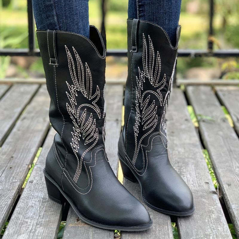 Women's Solid Color Chunky Heel Boots, Fashion Point Toe Mid Calf Boots, Stylish Western Cowboy Boots 8